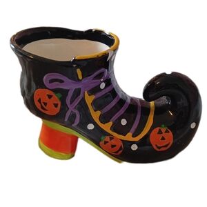 Spooky Witch Boot Planter with Pumpkins - Black and Orange